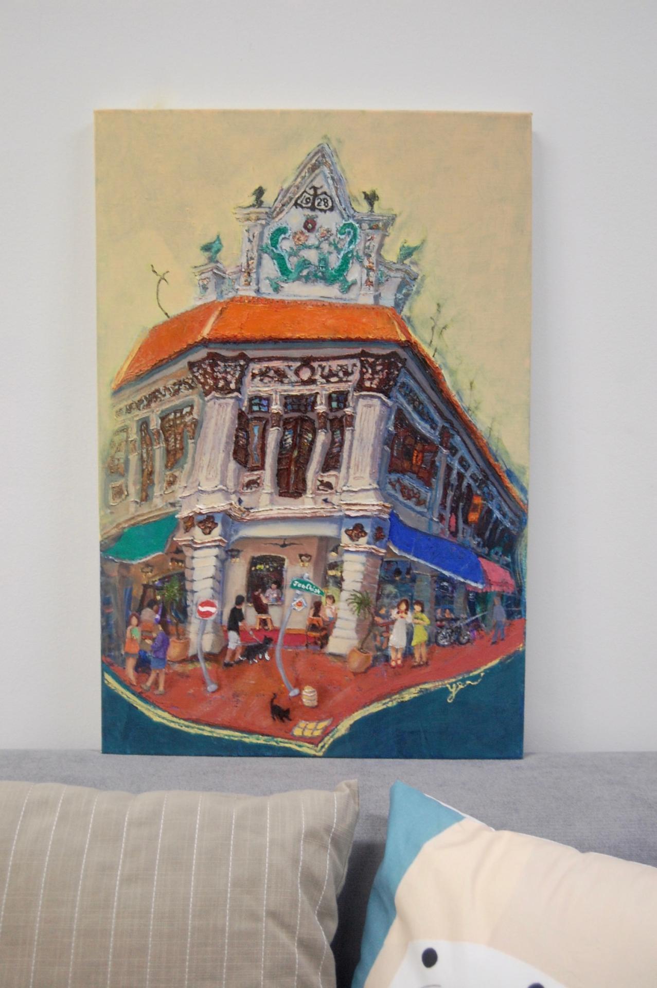 Singapore Corner Shophouse Landscape Oil Painting - City Street Heritage Artwork - Beautiful Cityscape - Original Art Decor