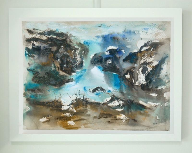 The Flying Mountain -abstract landscape original watercolor painting art Icelandic waterfall Barnafoss in atmospheric chinese painting style