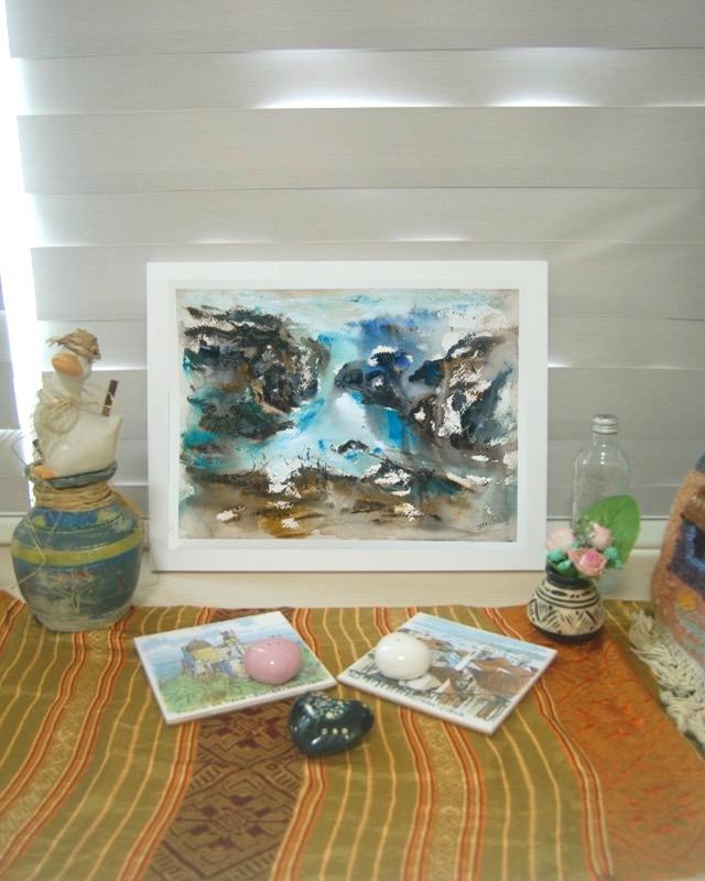 The Flying Mountain -abstract landscape original watercolor painting art Icelandic waterfall Barnafoss in atmospheric chinese painting style