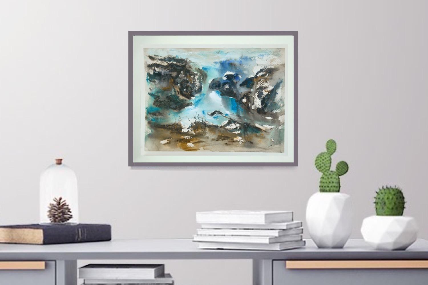 The Flying Mountain -abstract landscape original watercolor painting art Icelandic waterfall Barnafoss in atmospheric chinese painting style