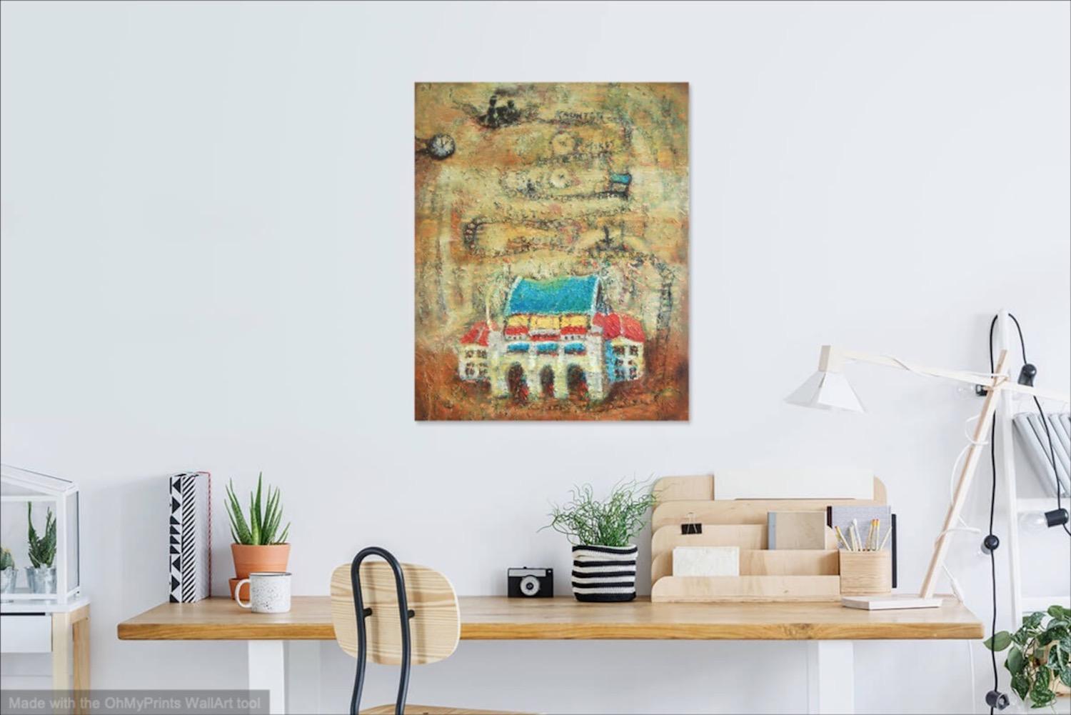 The Lost Station, whimsical train art oil painting of Singapore Tanjong Pagar Railway, an original impressionist artwork of vintage heritage