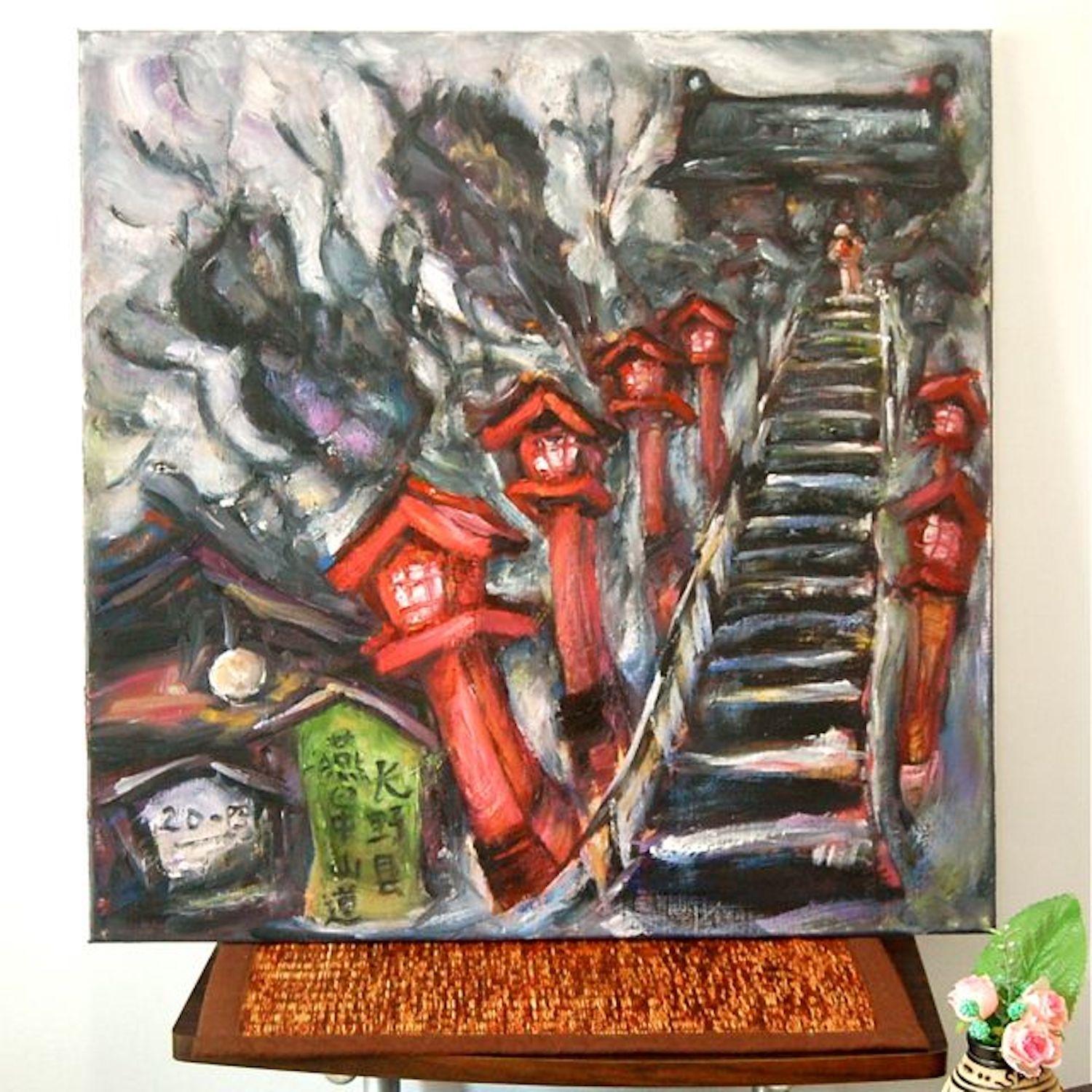The Path - Japanese Shrine Painting, Impressionist, Red Lamppost, Temple, Stairs, Grey, Winter, Whimsical Landscape, Monastic, Original Art