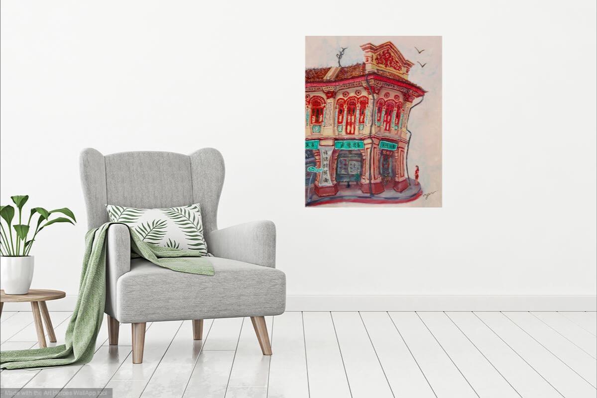 Singapore Red Chinese Shophouse Impressionist Oil Painting - City Street Heritage Artwork - Charming Architecture - Vibrant Landscape Art for Home Decor
