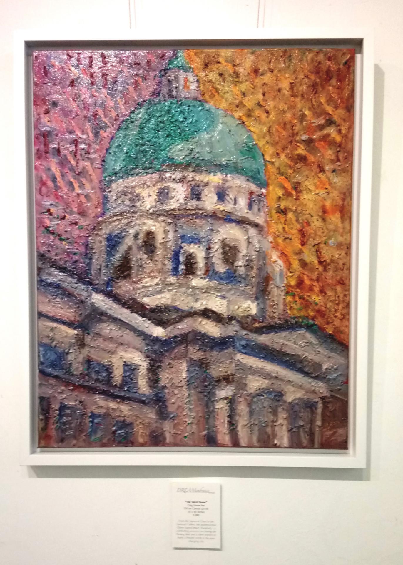 The Silent Dome, bright oil painting art of Singapore National Gallery, original architecture artwork in impressionist fauvist pop art style