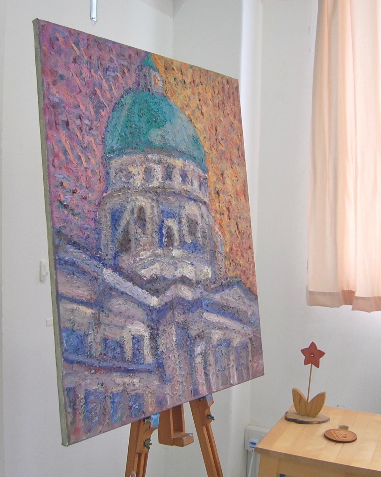 The Silent Dome, bright oil painting art of Singapore National Gallery, original architecture artwork in impressionist fauvist pop art style