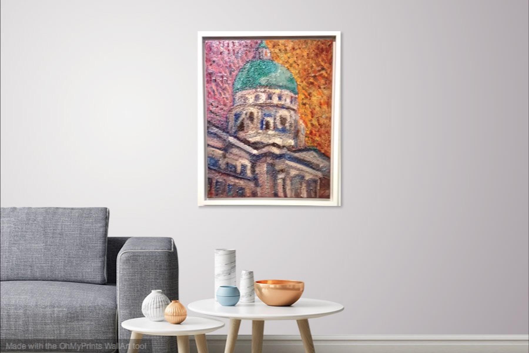 The Silent Dome, bright oil painting art of Singapore National Gallery, original architecture artwork in impressionist fauvist pop art style