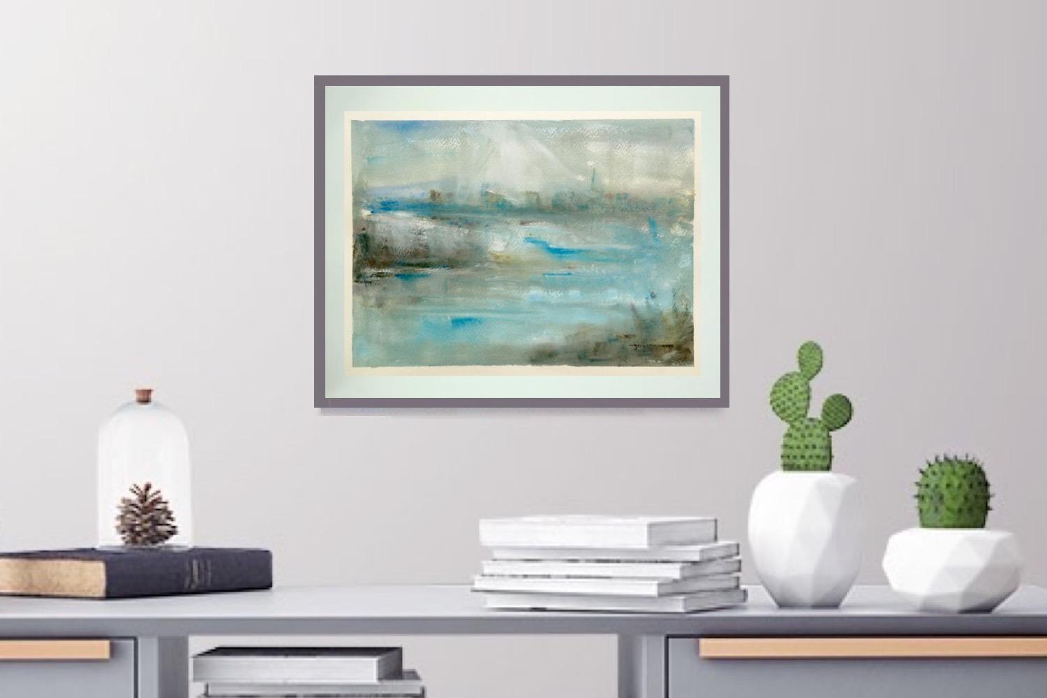 The Unbearable Lightness of Being - abstract impressionist watercolor painting of sea coastal city, original blue white landscape mood art