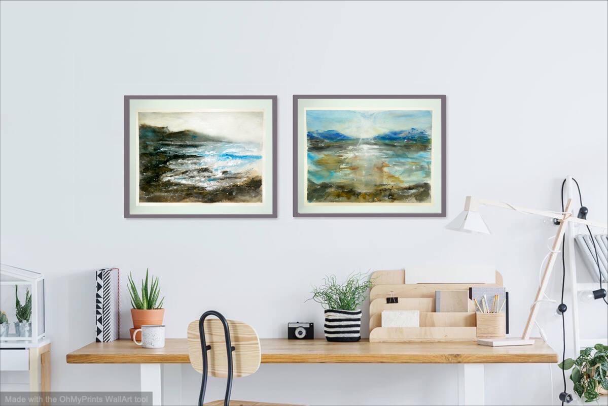 The Waves - Korea Jeju Island waves abstract watercolor seascape painting art of atmospheric landscape with stormy sea and jagged rock coast