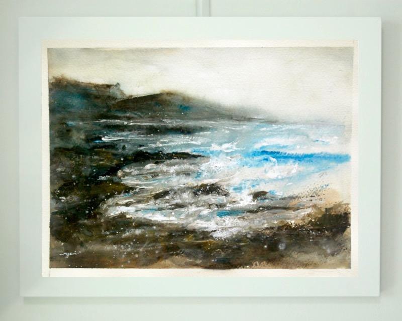 The Waves - Korea Jeju Island waves abstract watercolor seascape painting art of atmospheric landscape with stormy sea and jagged rock coast