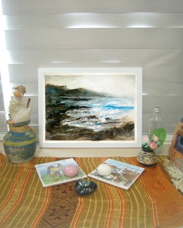 The Waves - Korea Jeju Island waves abstract watercolor seascape painting art of atmospheric landscape with stormy sea and jagged rock coast