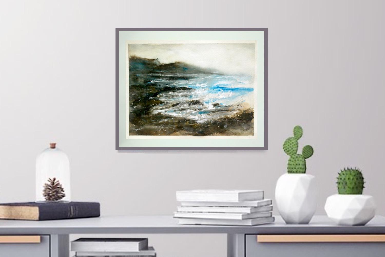 The Waves - Korea Jeju Island waves abstract watercolor seascape painting art of atmospheric landscape with stormy sea and jagged rock coast