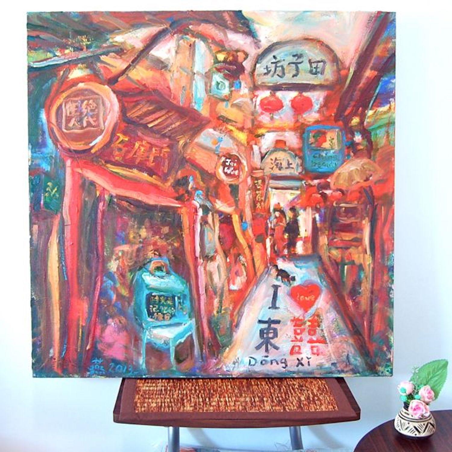 Tian Zi Fang -Whimsical Chinese Street Oil Painting Painting Art w festive Shanghai shophouses landscape, red lanterns, colorful signs & cat