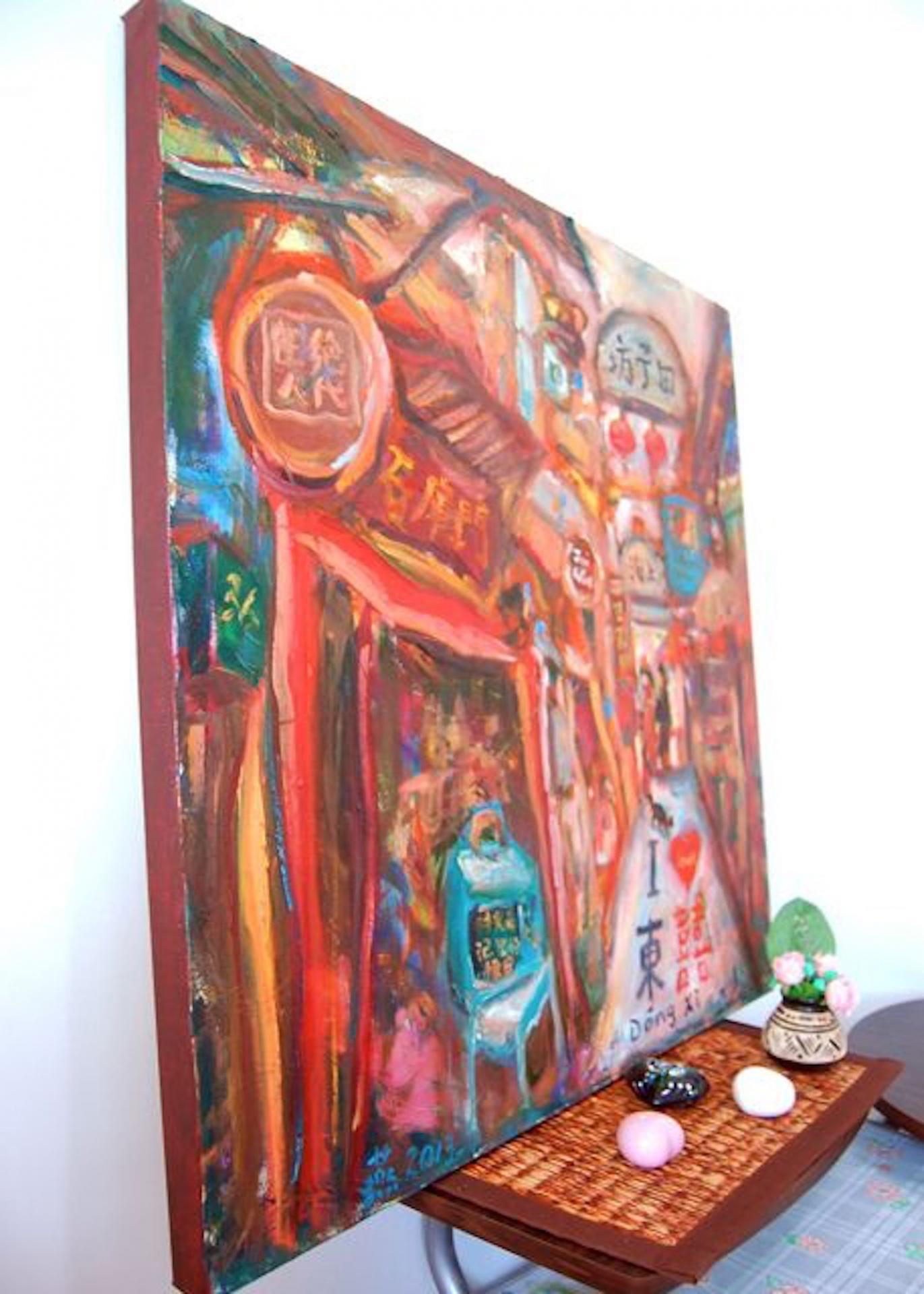 Tian Zi Fang -Whimsical Chinese Street Oil Painting Painting Art w festive Shanghai shophouses landscape, red lanterns, colorful signs & cat