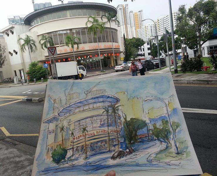 Singapore Painting Art, Original Watercolor Landscape, City Street, Tiong Bahru Market, Urban Sketcher, Heritage, Architectural Building