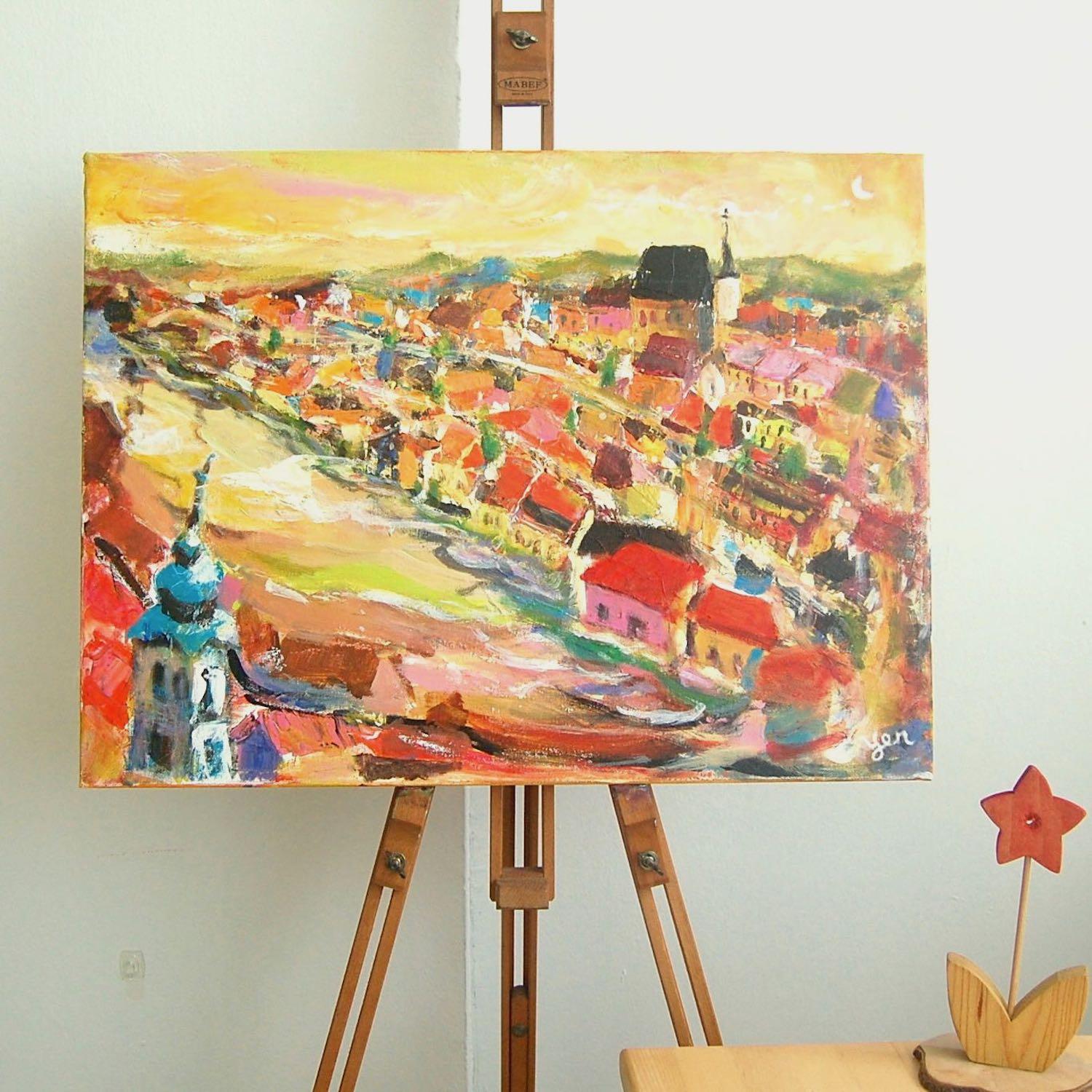 Cesky Krumlov Impressionist Landscape Painting - Original Art of European Czech River City - Historic Charm Home Decor - Whimsical Houses