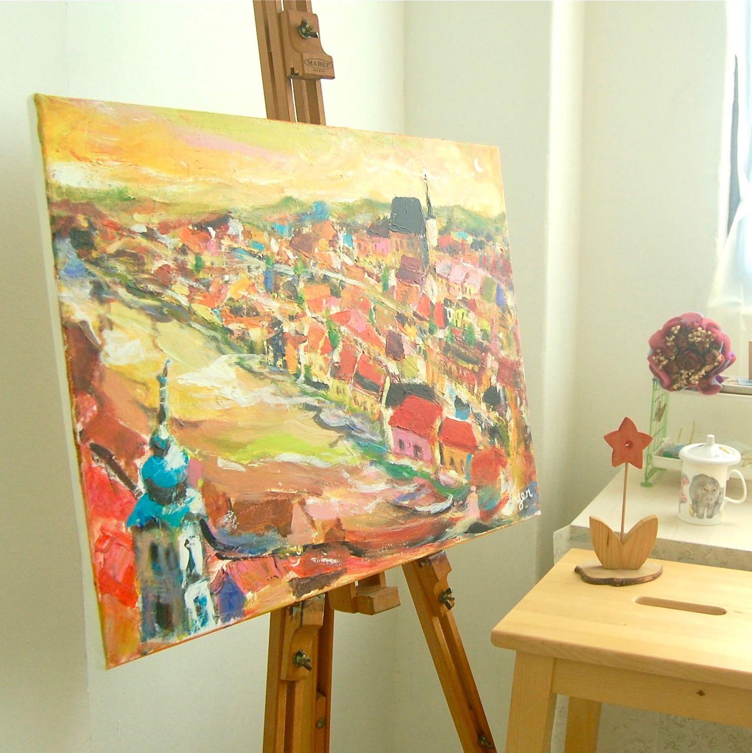 Cesky Krumlov Impressionist Landscape Painting - Original Art of European Czech River City - Historic Charm Home Decor - Whimsical Houses