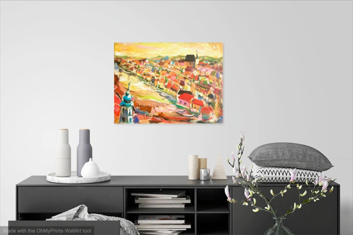 Cesky Krumlov Impressionist Landscape Painting - Original Art of European Czech River City - Historic Charm Home Decor - Whimsical Houses