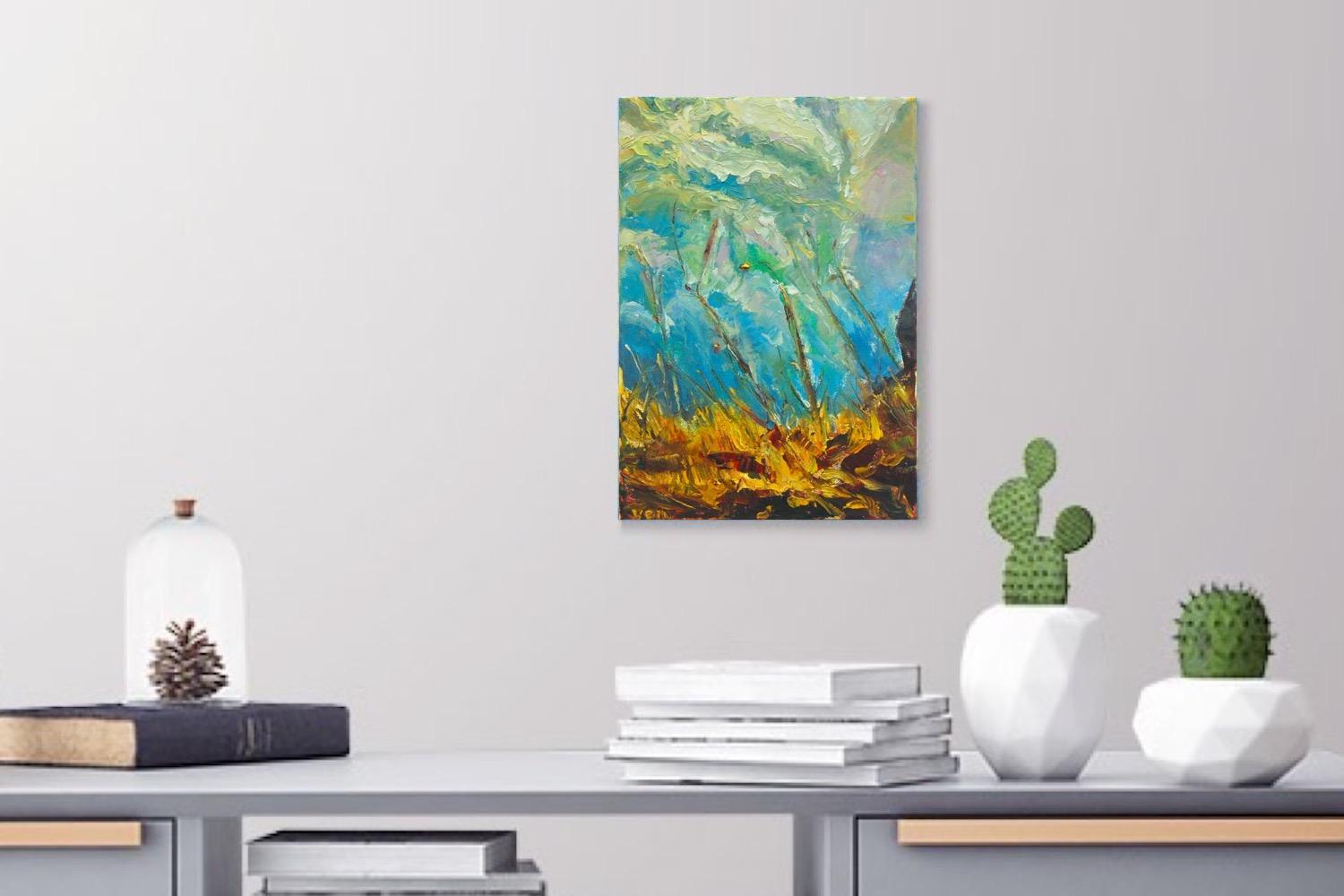 Unbending - Impressionist Abstract Oil Painting of Icelandic autumn nature scenery, original impasto fine art with water and clouds in wind