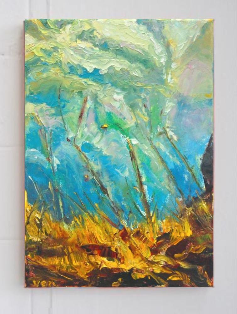 Unbending - Impressionist Abstract Oil Painting of Icelandic autumn nature scenery, original impasto fine art with water and clouds in wind