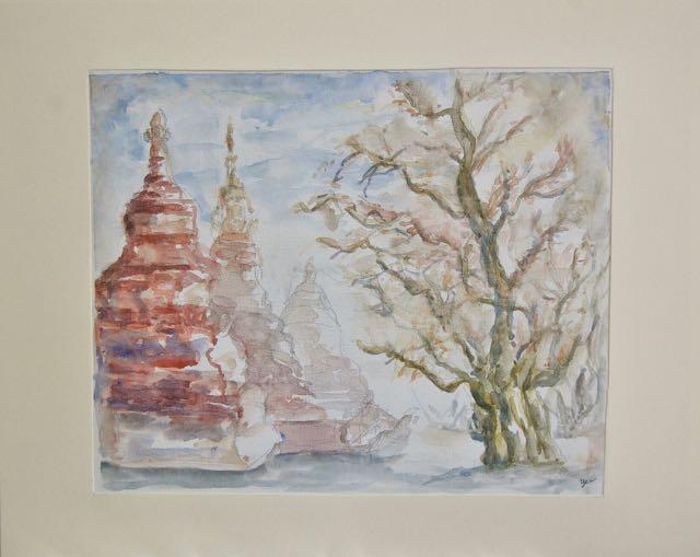 Myanmar Bagan stupa temple watercolour painting, original plein air artwork