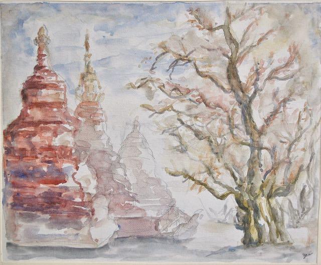 Myanmar Bagan stupa temple watercolour painting, original plein air artwork