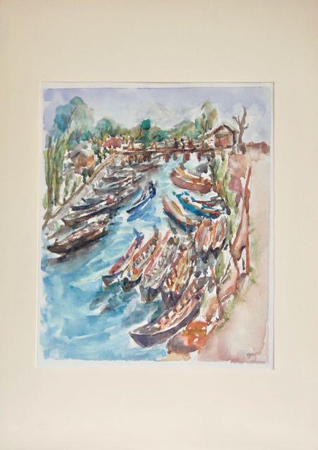 Myanmar landscape watercolour painting of Indeon river colorful boats, original plein air artwork