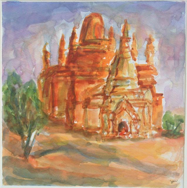 Myanmar Bagan orange temple impressionist original watercolour art, plein air artwork