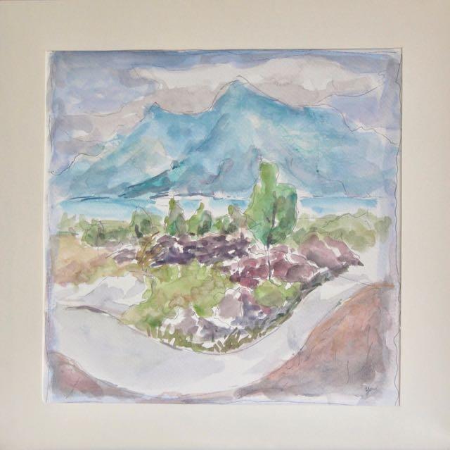 Indonesia Bali mountain lake batur landscape, impressionist original watercolour art, plein air artwork