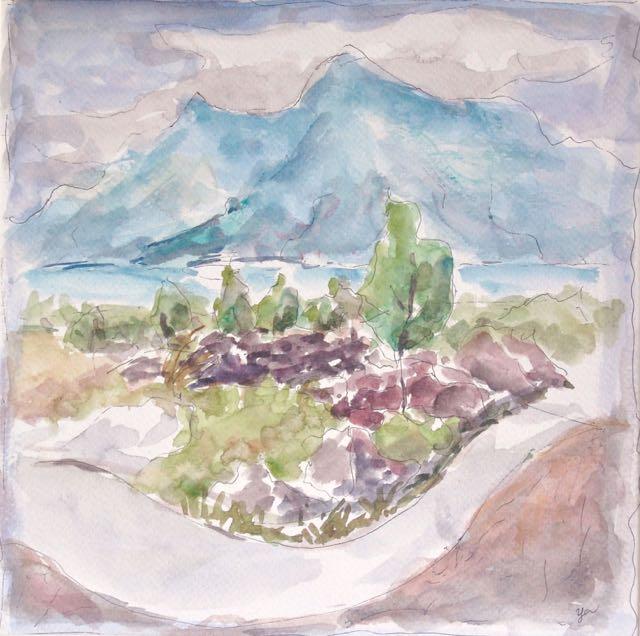 Indonesia Bali mountain lake batur landscape, impressionist original watercolour art, plein air artwork