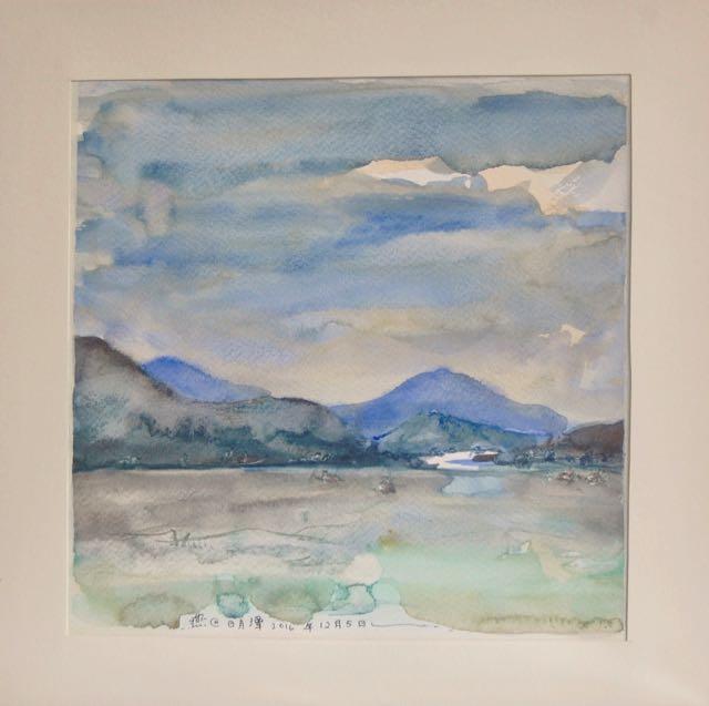 Taiwan Sun Moon Lake water clouds landscape scenery, impressionist original watercolour art, plein air artwork