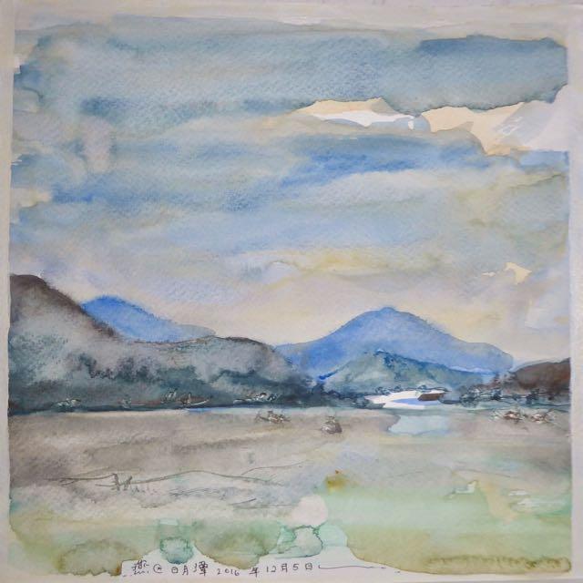 Taiwan Sun Moon Lake water clouds landscape scenery, impressionist original watercolour art, plein air artwork