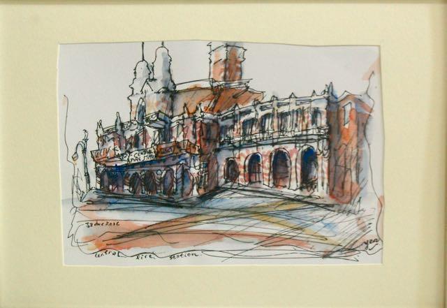 Original Singapore Painting of Central Fire Station, ink & watercolour plein air urban sketcher art of heritage architectural city building