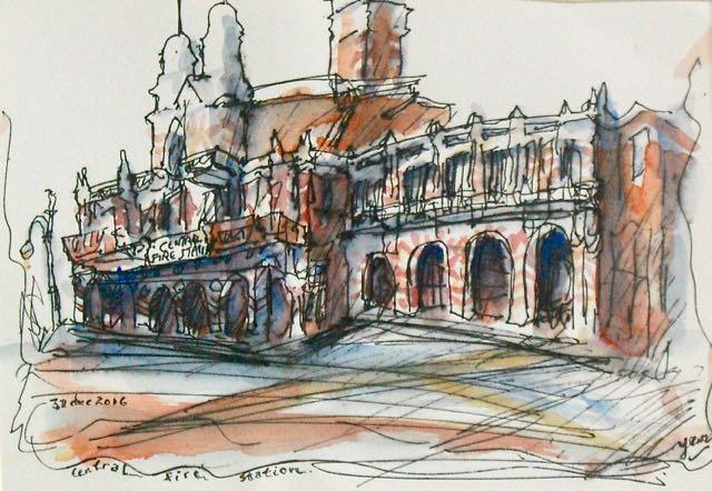 Original Singapore Painting of Central Fire Station, ink & watercolour plein air urban sketcher art of heritage architectural city building