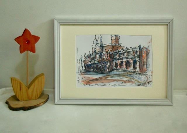 Original Singapore Painting of Central Fire Station, ink & watercolour plein air urban sketcher art of heritage architectural city building