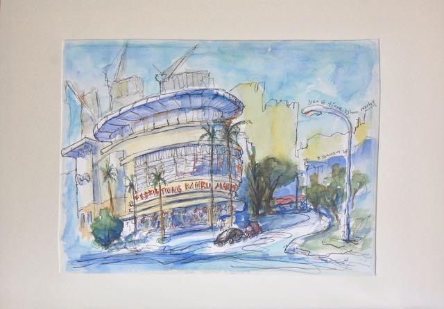 Singapore Painting Art, Original Watercolor Landscape, City Street, Tiong Bahru Market, Urban Sketcher, Heritage, Architectural Building