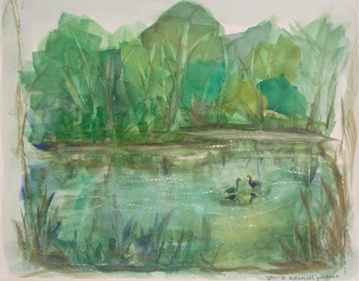 Singapore Botanical Gardens art print - watercolor painting landscape fine art, green trees, swan lake, plein air, impressionist, whimsical