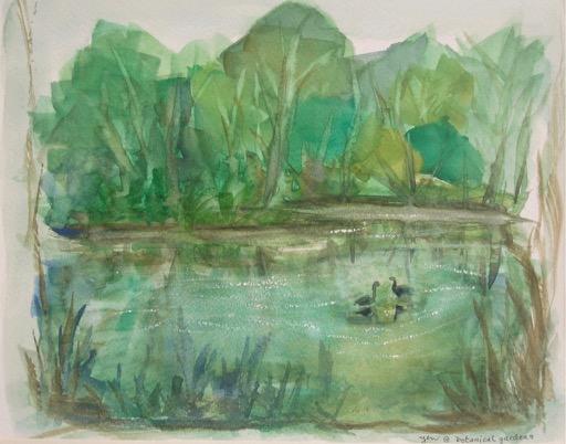 Singapore Botanical Gardens art print 6x8" - watercolor painting landscape fine art, green trees, swan lake, plein air, impressionist, whimsical
