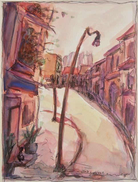 Singapore Street Shophouses Painting, Original Watercolour Fine Art, with peranakan shophouses and lamppost in warm tones, plein air artwork