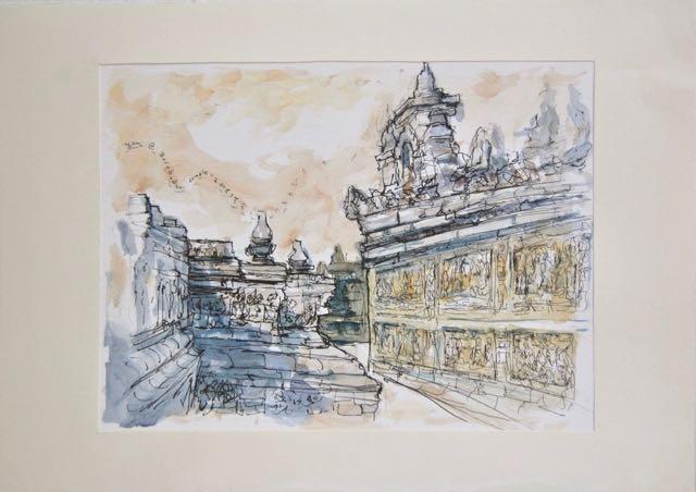 Indonesia Yogyakarta Borobudur temple watercolour painting art, original plein air artwork