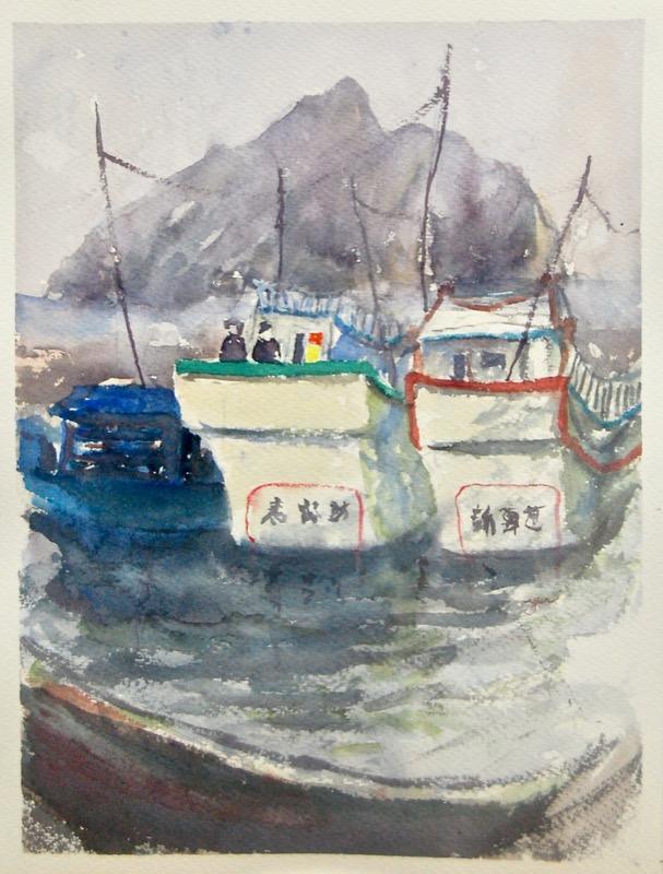 Taiwan Wu Shi port landscape impressionist painting with chinese fishing boats, original plein air artwork