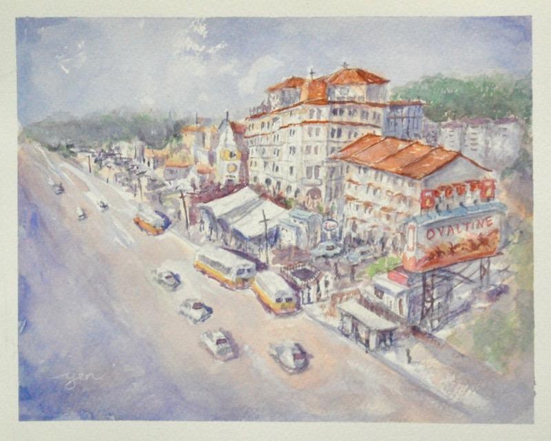 Old Singapore chinatown buildings original watercolour painting art with nostalgic vintage buses in dreamy pastel impressionist hues