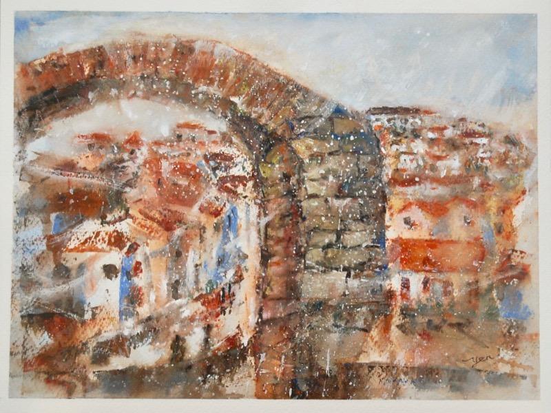 Spain Ronda landscape original watercolor painting art of Spanish city white houses with architectural brick arch in impressionist orange blue hues