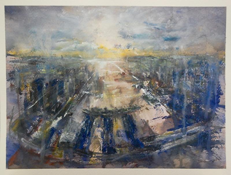 Marina Bay Sands - Singapore sunset skyscraper cityscape watercolor painting art in atmospheric abstract landscape style