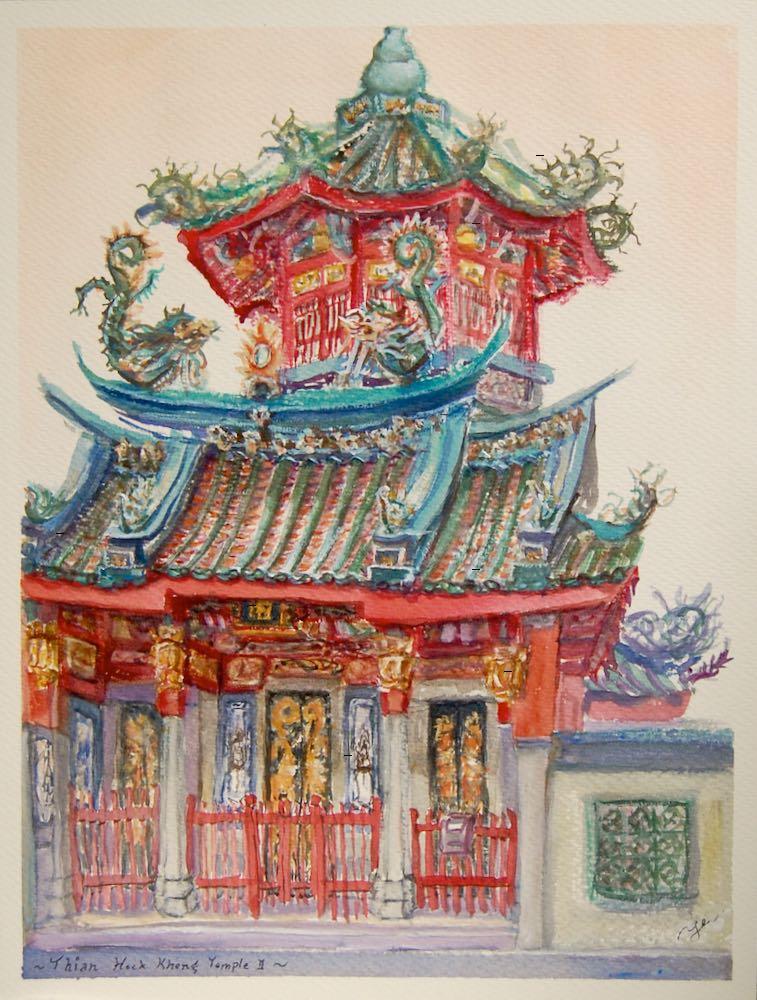 Singapore Chinese Temple Painting Art, Original Watercolor, Architectural Building, Historic, Heritage, Urban Sketcher, Plein Air, City Art