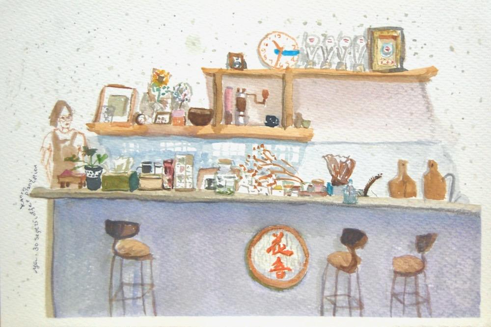 Taiwan cafe original watercolor painting - whimsical travel art