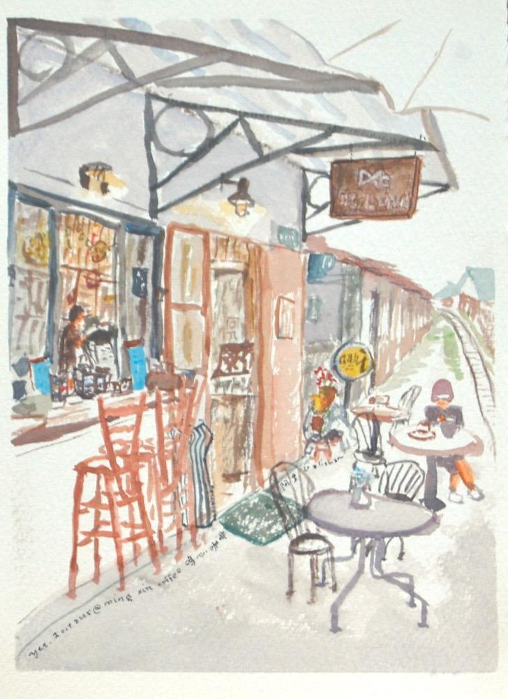 Taiwan Alishan cafe original watercolor painting - railway art - whimsical travel art
