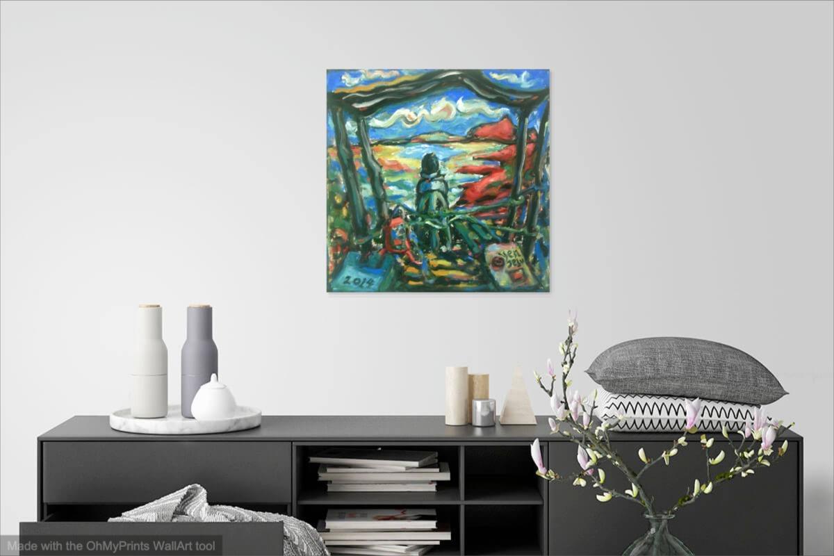 Wanderer's Paradise - Surreal Landscape, Whimsical Painting, Traveller, Hiker, Jeju Island, Sea, Clouds, Van Gogh style, Blue, Original Art