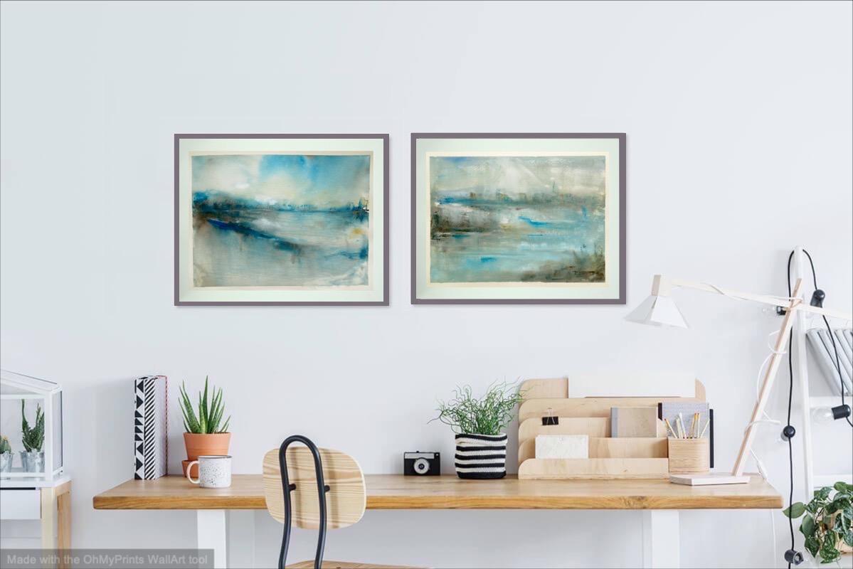 The Unbearable Lightness of Being - abstract impressionist watercolor painting of sea coastal city, original blue white landscape mood art