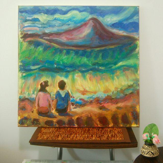 Wave Watch- Whimsical Painting, Seascape, Beach, Waves, Mountain, Surreal Landscape, Impressionist, Korea, Couple, Colorful Art, Jeju Island