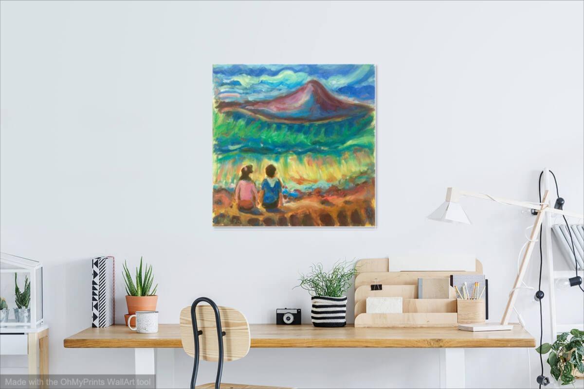 Wave Watch- Whimsical Painting, Seascape, Beach, Waves, Mountain, Surreal Landscape, Impressionist, Korea, Couple, Colorful Art, Jeju Island